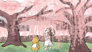 仁和寺の桜の木の下で佇む葵とマッチャ